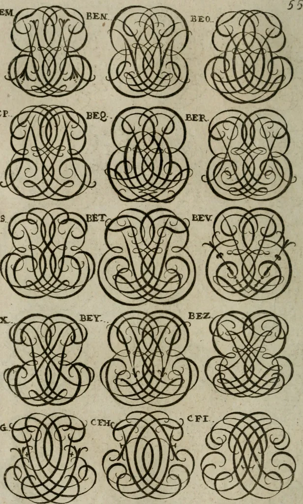 An illustration from Recueil d'emblêmes, devises, medailles, et figures hieroglyphiques, au nombre de plus de douze cent, avec leurs explications : accompagné de plus de deux mille chiffres fleuronnez simples, doubles & triples : d'une manière nouvelle & fort curieuse pour tous les noms imaginables : avec les tenants, supports, & cimiers servans aux ornemens des armes : cet ouvrage qui est enrichy de deux cens cinquante planches en taille-douce, est très-utile aux graveurs, peintres, sculpteurs, orfevres, brodeurs, serruriers, & à tous ceux qui travaillent au dessein, 1724, leaf 213
