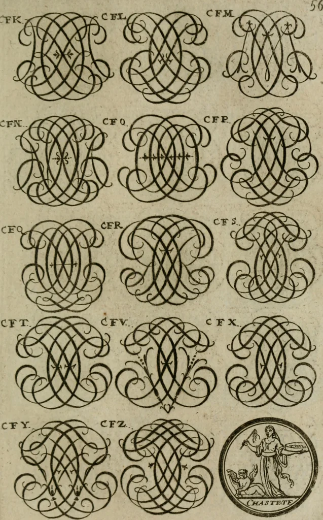 An illustration from Recueil d'emblêmes, devises, medailles, et figures hieroglyphiques, au nombre de plus de douze cent, avec leurs explications : accompagné de plus de deux mille chiffres fleuronnez simples, doubles & triples : d'une manière nouvelle & fort curieuse pour tous les noms imaginables : avec les tenants, supports, & cimiers servans aux ornemens des armes : cet ouvrage qui est enrichy de deux cens cinquante planches en taille-douce, est très-utile aux graveurs, peintres, sculpteurs, orfevres, brodeurs, serruriers, & à tous ceux qui travaillent au dessein, 1724, leaf 214