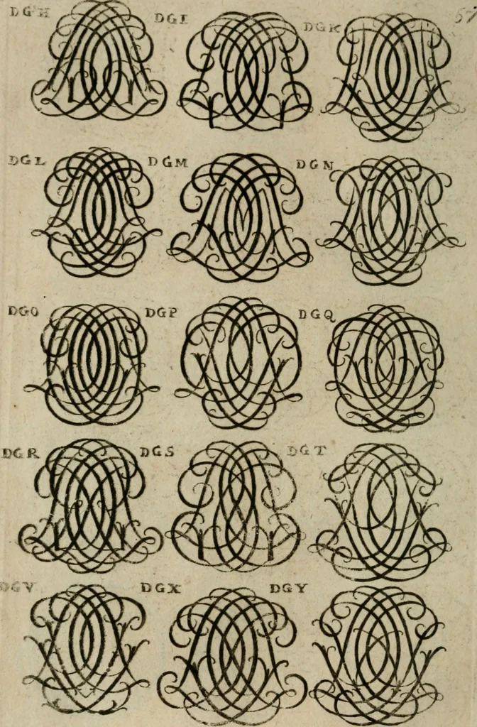 An illustration from Recueil d'emblêmes, devises, medailles, et figures hieroglyphiques, au nombre de plus de douze cent, avec leurs explications : accompagné de plus de deux mille chiffres fleuronnez simples, doubles & triples : d'une manière nouvelle & fort curieuse pour tous les noms imaginables : avec les tenants, supports, & cimiers servans aux ornemens des armes : cet ouvrage qui est enrichy de deux cens cinquante planches en taille-douce, est très-utile aux graveurs, peintres, sculpteurs, orfevres, brodeurs, serruriers, & à tous ceux qui travaillent au dessein, 1724, leaf 215