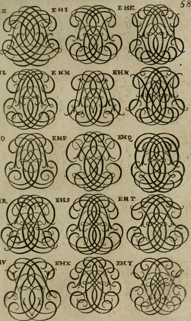 An illustration from Recueil d'emblêmes, devises, medailles, et figures hieroglyphiques, au nombre de plus de douze cent, avec leurs explications : accompagné de plus de deux mille chiffres fleuronnez simples, doubles & triples : d'une manière nouvelle & fort curieuse pour tous les noms imaginables : avec les tenants, supports, & cimiers servans aux ornemens des armes : cet ouvrage qui est enrichy de deux cens cinquante planches en taille-douce, est très-utile aux graveurs, peintres, sculpteurs, orfevres, brodeurs, serruriers, & à tous ceux qui travaillent au dessein, 1724, leaf 216