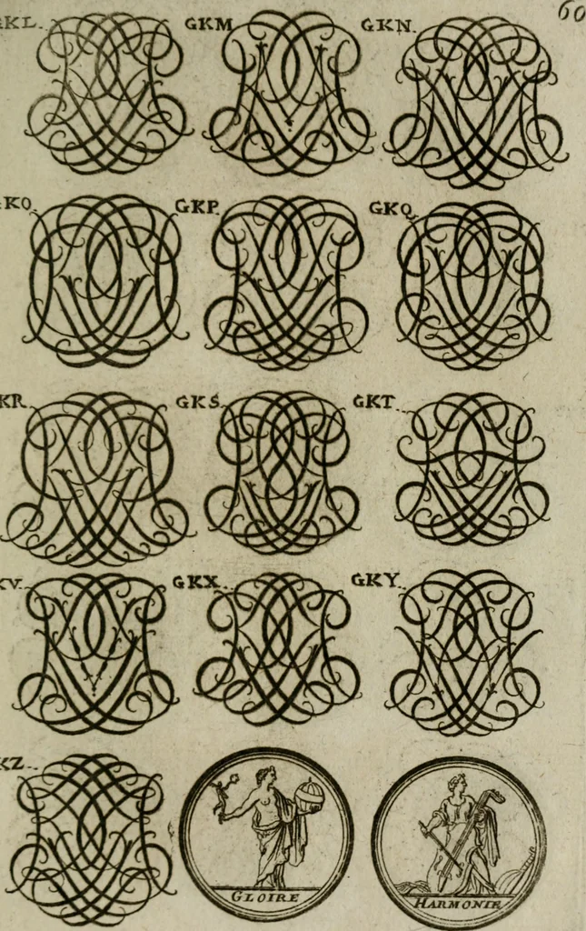 An illustration from Recueil d'emblêmes, devises, medailles, et figures hieroglyphiques, au nombre de plus de douze cent, avec leurs explications : accompagné de plus de deux mille chiffres fleuronnez simples, doubles & triples : d'une manière nouvelle & fort curieuse pour tous les noms imaginables : avec les tenants, supports, & cimiers servans aux ornemens des armes : cet ouvrage qui est enrichy de deux cens cinquante planches en taille-douce, est très-utile aux graveurs, peintres, sculpteurs, orfevres, brodeurs, serruriers, & à tous ceux qui travaillent au dessein, 1724, leaf 218