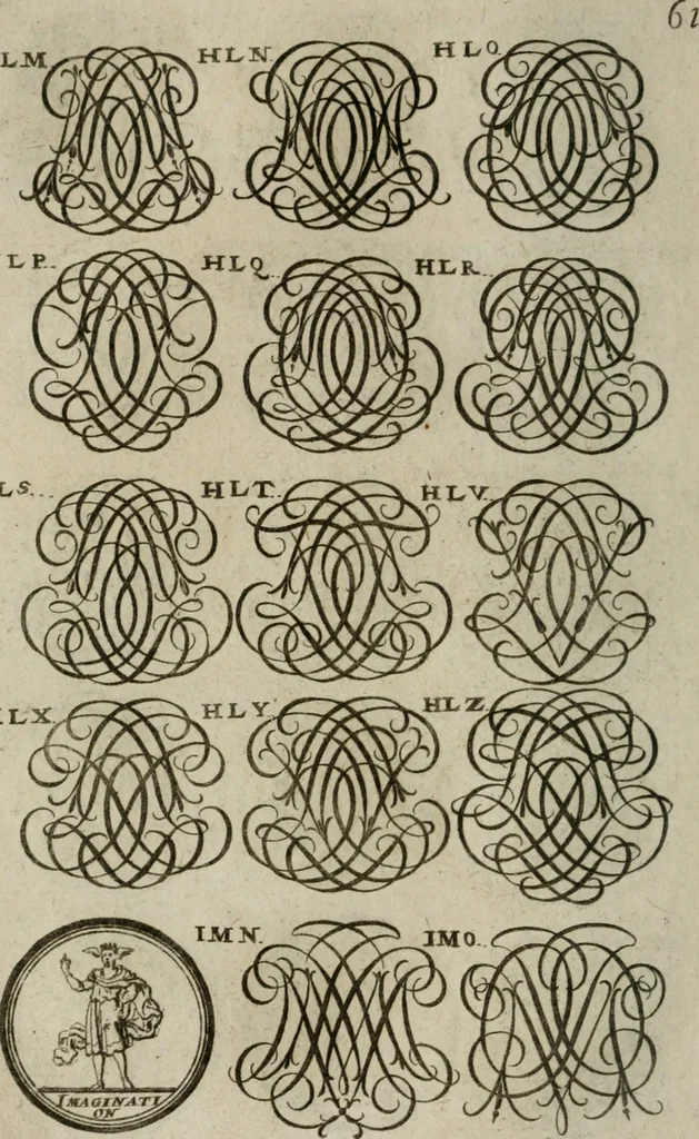 An illustration from Recueil d'emblêmes, devises, medailles, et figures hieroglyphiques, au nombre de plus de douze cent, avec leurs explications : accompagné de plus de deux mille chiffres fleuronnez simples, doubles & triples : d'une manière nouvelle & fort curieuse pour tous les noms imaginables : avec les tenants, supports, & cimiers servans aux ornemens des armes : cet ouvrage qui est enrichy de deux cens cinquante planches en taille-douce, est très-utile aux graveurs, peintres, sculpteurs, orfevres, brodeurs, serruriers, & à tous ceux qui travaillent au dessein, 1724, leaf 219