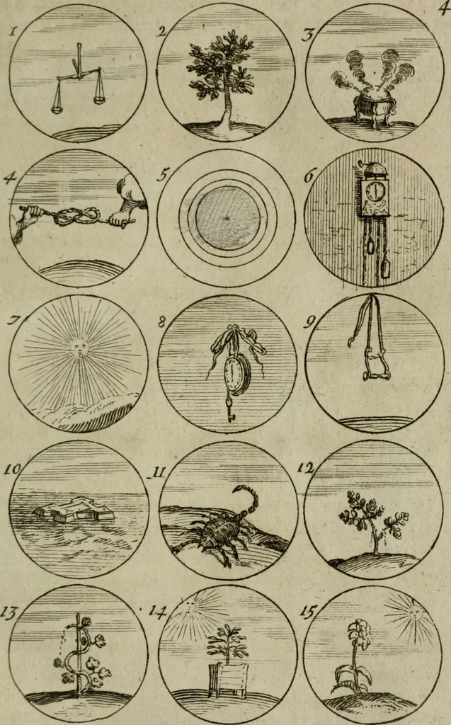 An illustration from Recueil d'emblêmes, devises, medailles, et figures hieroglyphiques, au nombre de plus de douze cent, avec leurs explications : accompagné de plus de deux mille chiffres fleuronnez simples, doubles & triples : d'une manière nouvelle & fort curieuse pour tous les noms imaginables : avec les tenants, supports, & cimiers servans aux ornemens des armes : cet ouvrage qui est enrichy de deux cens cinquante planches en taille-douce, est très-utile aux graveurs, peintres, sculpteurs, orfevres, brodeurs, serruriers, & à tous ceux qui travaillent au dessein, 1724, leaf 22
