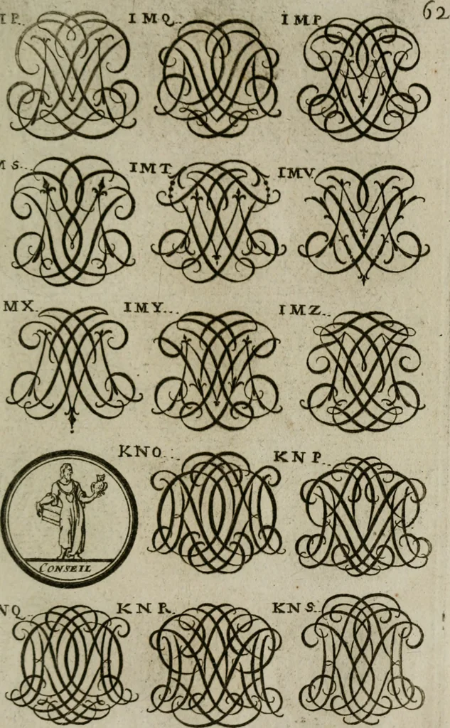 An illustration from Recueil d'emblêmes, devises, medailles, et figures hieroglyphiques, au nombre de plus de douze cent, avec leurs explications : accompagné de plus de deux mille chiffres fleuronnez simples, doubles & triples : d'une manière nouvelle & fort curieuse pour tous les noms imaginables : avec les tenants, supports, & cimiers servans aux ornemens des armes : cet ouvrage qui est enrichy de deux cens cinquante planches en taille-douce, est très-utile aux graveurs, peintres, sculpteurs, orfevres, brodeurs, serruriers, & à tous ceux qui travaillent au dessein, 1724, leaf 220