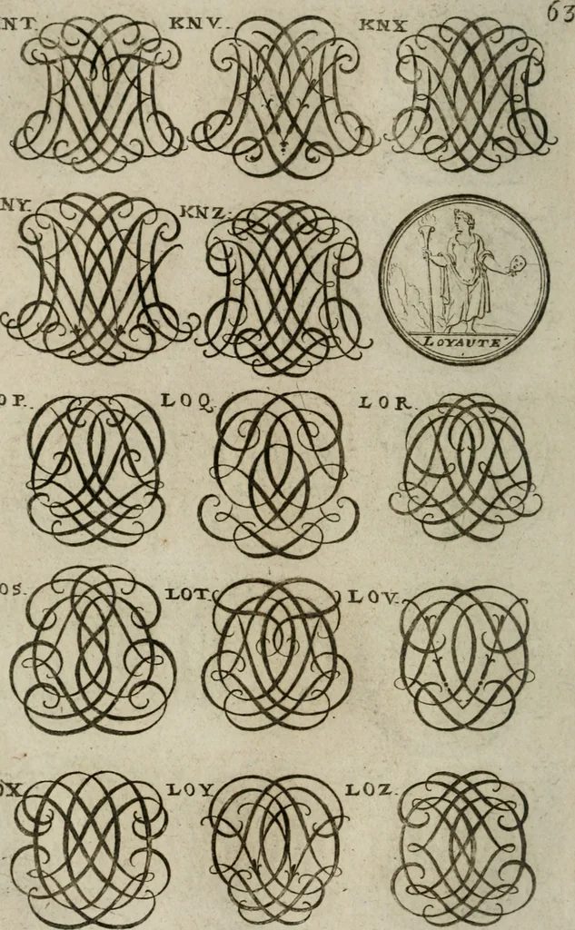 An illustration from Recueil d'emblêmes, devises, medailles, et figures hieroglyphiques, au nombre de plus de douze cent, avec leurs explications : accompagné de plus de deux mille chiffres fleuronnez simples, doubles & triples : d'une manière nouvelle & fort curieuse pour tous les noms imaginables : avec les tenants, supports, & cimiers servans aux ornemens des armes : cet ouvrage qui est enrichy de deux cens cinquante planches en taille-douce, est très-utile aux graveurs, peintres, sculpteurs, orfevres, brodeurs, serruriers, & à tous ceux qui travaillent au dessein, 1724, leaf 221