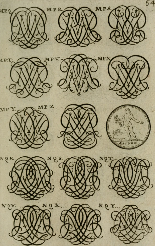 An illustration from Recueil d'emblêmes, devises, medailles, et figures hieroglyphiques, au nombre de plus de douze cent, avec leurs explications : accompagné de plus de deux mille chiffres fleuronnez simples, doubles & triples : d'une manière nouvelle & fort curieuse pour tous les noms imaginables : avec les tenants, supports, & cimiers servans aux ornemens des armes : cet ouvrage qui est enrichy de deux cens cinquante planches en taille-douce, est très-utile aux graveurs, peintres, sculpteurs, orfevres, brodeurs, serruriers, & à tous ceux qui travaillent au dessein, 1724, leaf 222
