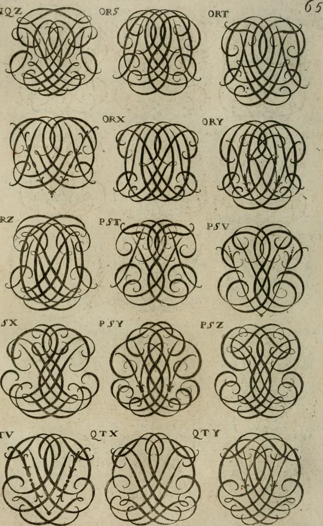 An illustration from Recueil d'emblêmes, devises, medailles, et figures hieroglyphiques, au nombre de plus de douze cent, avec leurs explications : accompagné de plus de deux mille chiffres fleuronnez simples, doubles & triples : d'une manière nouvelle & fort curieuse pour tous les noms imaginables : avec les tenants, supports, & cimiers servans aux ornemens des armes : cet ouvrage qui est enrichy de deux cens cinquante planches en taille-douce, est très-utile aux graveurs, peintres, sculpteurs, orfevres, brodeurs, serruriers, & à tous ceux qui travaillent au dessein, 1724, leaf 223