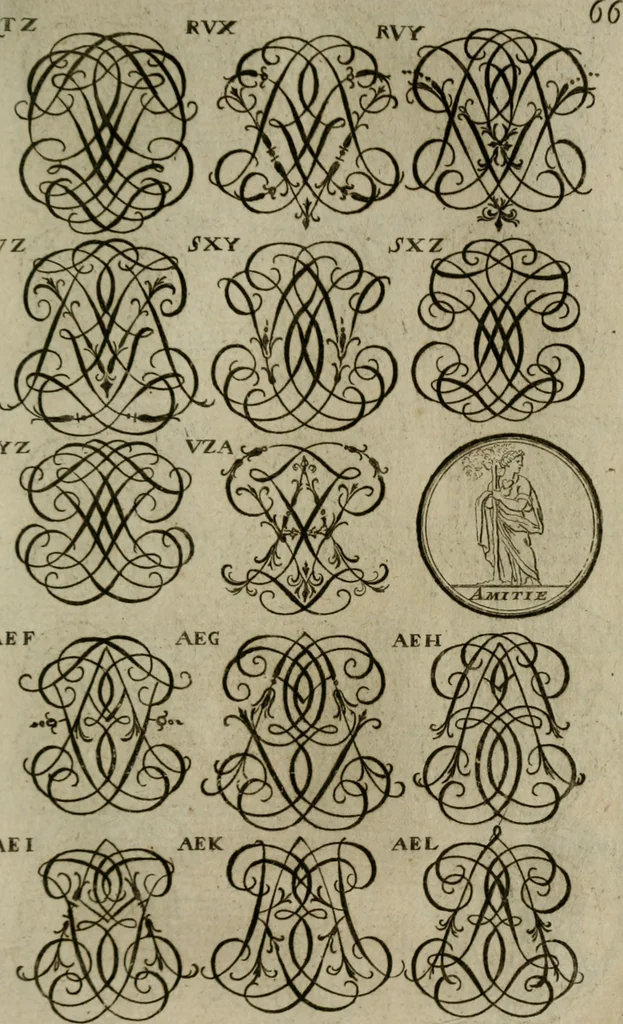 An illustration from Recueil d'emblêmes, devises, medailles, et figures hieroglyphiques, au nombre de plus de douze cent, avec leurs explications : accompagné de plus de deux mille chiffres fleuronnez simples, doubles & triples : d'une manière nouvelle & fort curieuse pour tous les noms imaginables : avec les tenants, supports, & cimiers servans aux ornemens des armes : cet ouvrage qui est enrichy de deux cens cinquante planches en taille-douce, est très-utile aux graveurs, peintres, sculpteurs, orfevres, brodeurs, serruriers, & à tous ceux qui travaillent au dessein, 1724, leaf 224