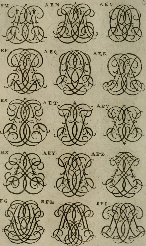 An illustration from Recueil d'emblêmes, devises, medailles, et figures hieroglyphiques, au nombre de plus de douze cent, avec leurs explications : accompagné de plus de deux mille chiffres fleuronnez simples, doubles & triples : d'une manière nouvelle & fort curieuse pour tous les noms imaginables : avec les tenants, supports, & cimiers servans aux ornemens des armes : cet ouvrage qui est enrichy de deux cens cinquante planches en taille-douce, est très-utile aux graveurs, peintres, sculpteurs, orfevres, brodeurs, serruriers, & à tous ceux qui travaillent au dessein, 1724, leaf 225