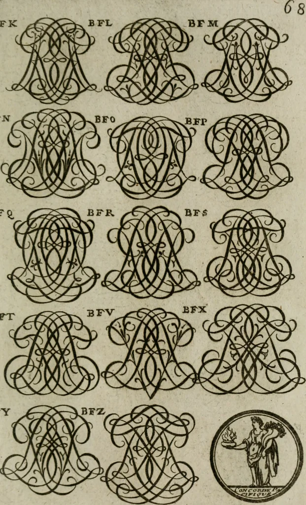 An illustration from Recueil d'emblêmes, devises, medailles, et figures hieroglyphiques, au nombre de plus de douze cent, avec leurs explications : accompagné de plus de deux mille chiffres fleuronnez simples, doubles & triples : d'une manière nouvelle & fort curieuse pour tous les noms imaginables : avec les tenants, supports, & cimiers servans aux ornemens des armes : cet ouvrage qui est enrichy de deux cens cinquante planches en taille-douce, est très-utile aux graveurs, peintres, sculpteurs, orfevres, brodeurs, serruriers, & à tous ceux qui travaillent au dessein, 1724, leaf 226