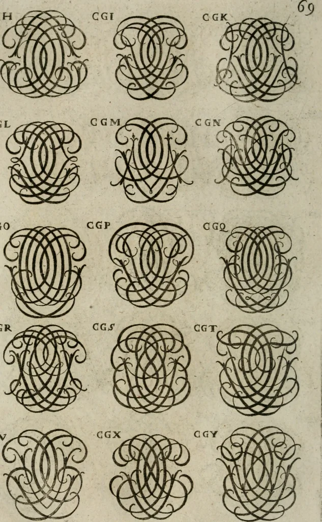 An illustration from Recueil d'emblêmes, devises, medailles, et figures hieroglyphiques, au nombre de plus de douze cent, avec leurs explications : accompagné de plus de deux mille chiffres fleuronnez simples, doubles & triples : d'une manière nouvelle & fort curieuse pour tous les noms imaginables : avec les tenants, supports, & cimiers servans aux ornemens des armes : cet ouvrage qui est enrichy de deux cens cinquante planches en taille-douce, est très-utile aux graveurs, peintres, sculpteurs, orfevres, brodeurs, serruriers, & à tous ceux qui travaillent au dessein, 1724, leaf 227