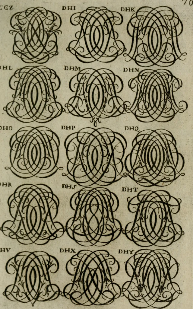 An illustration from Recueil d'emblêmes, devises, medailles, et figures hieroglyphiques, au nombre de plus de douze cent, avec leurs explications : accompagné de plus de deux mille chiffres fleuronnez simples, doubles & triples : d'une manière nouvelle & fort curieuse pour tous les noms imaginables : avec les tenants, supports, & cimiers servans aux ornemens des armes : cet ouvrage qui est enrichy de deux cens cinquante planches en taille-douce, est très-utile aux graveurs, peintres, sculpteurs, orfevres, brodeurs, serruriers, & à tous ceux qui travaillent au dessein, 1724, leaf 228