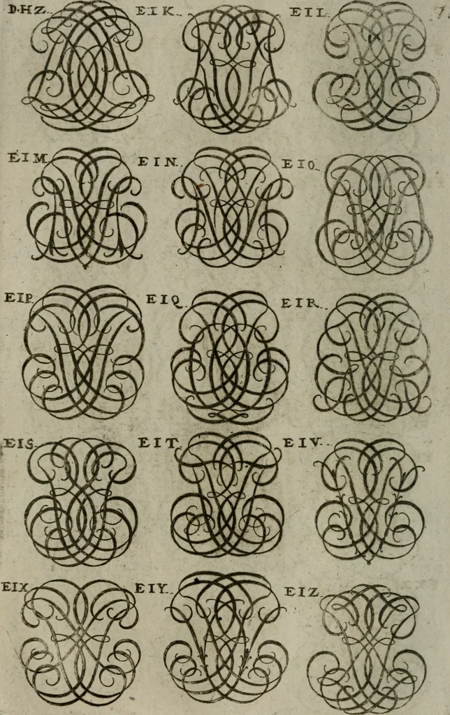 An illustration from Recueil d'emblêmes, devises, medailles, et figures hieroglyphiques, au nombre de plus de douze cent, avec leurs explications : accompagné de plus de deux mille chiffres fleuronnez simples, doubles & triples : d'une manière nouvelle & fort curieuse pour tous les noms imaginables : avec les tenants, supports, & cimiers servans aux ornemens des armes : cet ouvrage qui est enrichy de deux cens cinquante planches en taille-douce, est très-utile aux graveurs, peintres, sculpteurs, orfevres, brodeurs, serruriers, & à tous ceux qui travaillent au dessein, 1724, leaf 229