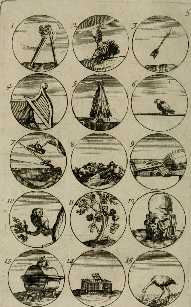 An illustration from Recueil d'emblêmes, devises, medailles, et figures hieroglyphiques, au nombre de plus de douze cent, avec leurs explications : accompagné de plus de deux mille chiffres fleuronnez simples, doubles & triples : d'une manière nouvelle & fort curieuse pour tous les noms imaginables : avec les tenants, supports, & cimiers servans aux ornemens des armes : cet ouvrage qui est enrichy de deux cens cinquante planches en taille-douce, est très-utile aux graveurs, peintres, sculpteurs, orfevres, brodeurs, serruriers, & à tous ceux qui travaillent au dessein, 1724, leaf 23