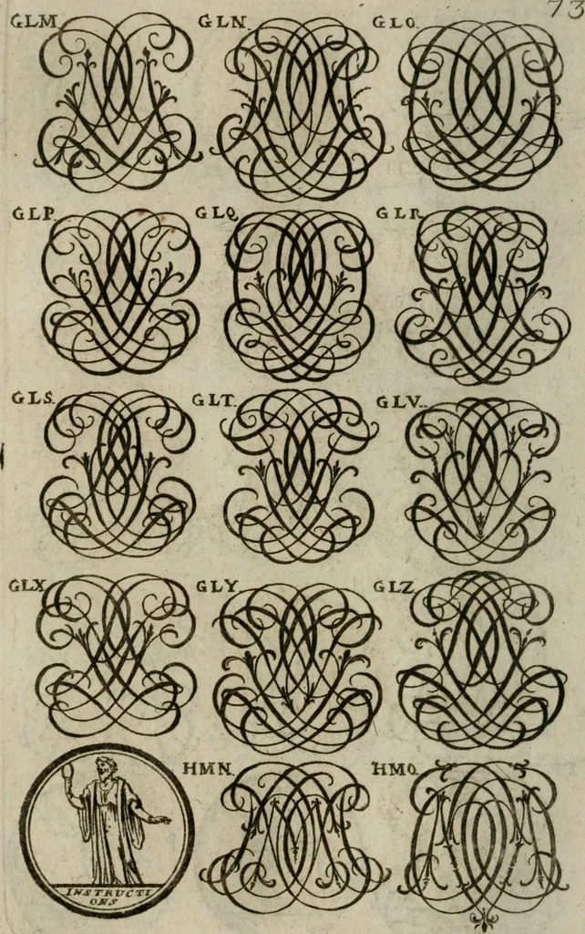 An illustration from Recueil d'emblêmes, devises, medailles, et figures hieroglyphiques, au nombre de plus de douze cent, avec leurs explications : accompagné de plus de deux mille chiffres fleuronnez simples, doubles & triples : d'une manière nouvelle & fort curieuse pour tous les noms imaginables : avec les tenants, supports, & cimiers servans aux ornemens des armes : cet ouvrage qui est enrichy de deux cens cinquante planches en taille-douce, est très-utile aux graveurs, peintres, sculpteurs, orfevres, brodeurs, serruriers, & à tous ceux qui travaillent au dessein, 1724, leaf 231