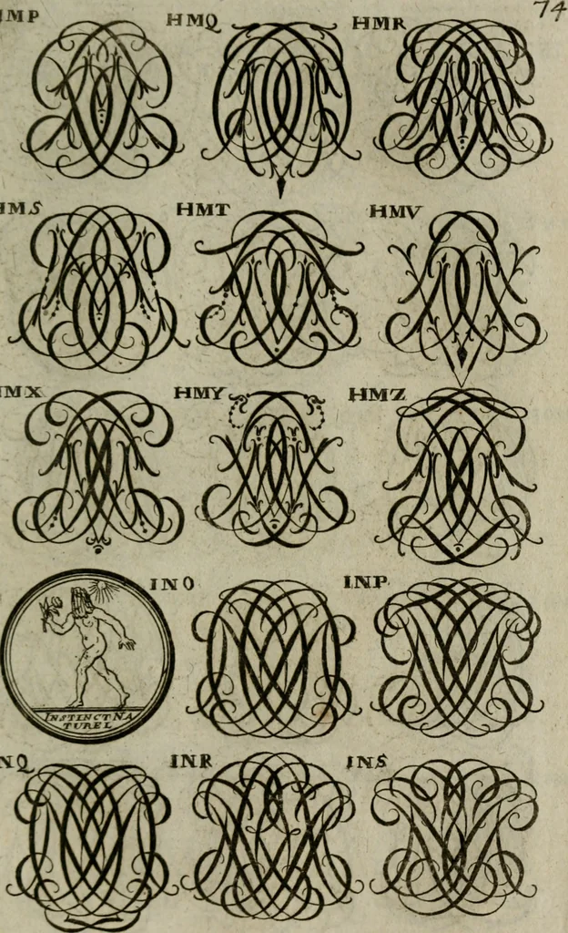 An illustration from Recueil d'emblêmes, devises, medailles, et figures hieroglyphiques, au nombre de plus de douze cent, avec leurs explications : accompagné de plus de deux mille chiffres fleuronnez simples, doubles & triples : d'une manière nouvelle & fort curieuse pour tous les noms imaginables : avec les tenants, supports, & cimiers servans aux ornemens des armes : cet ouvrage qui est enrichy de deux cens cinquante planches en taille-douce, est très-utile aux graveurs, peintres, sculpteurs, orfevres, brodeurs, serruriers, & à tous ceux qui travaillent au dessein, 1724, leaf 232