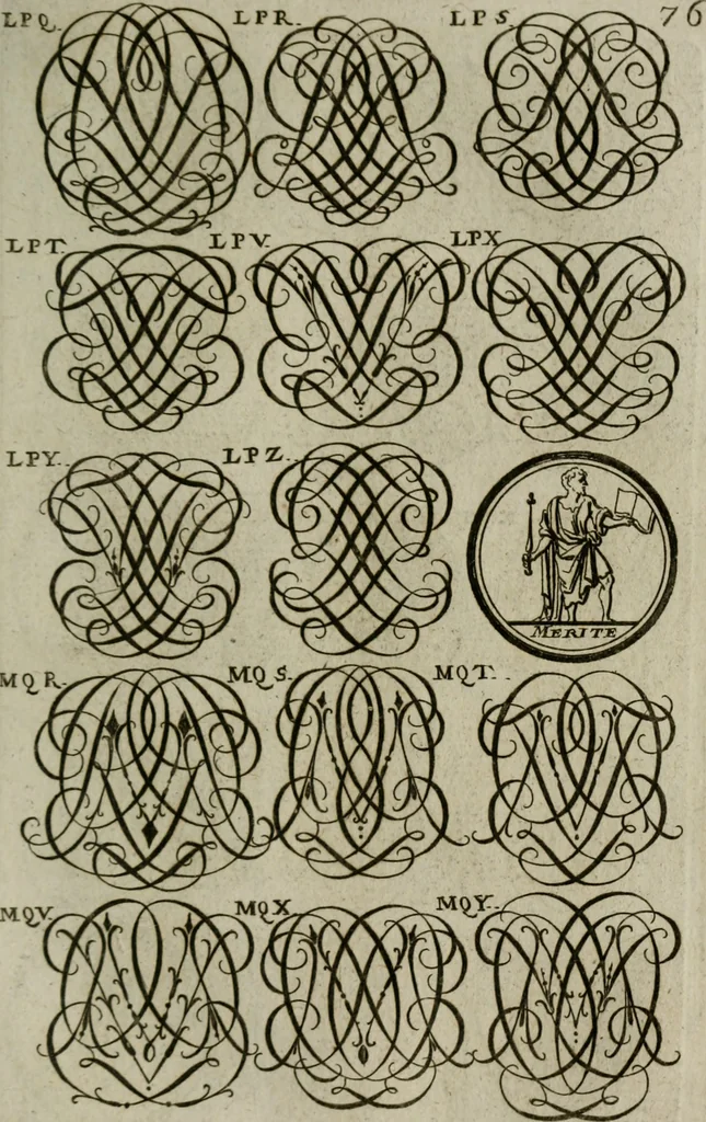 An illustration from Recueil d'emblêmes, devises, medailles, et figures hieroglyphiques, au nombre de plus de douze cent, avec leurs explications : accompagné de plus de deux mille chiffres fleuronnez simples, doubles & triples : d'une manière nouvelle & fort curieuse pour tous les noms imaginables : avec les tenants, supports, & cimiers servans aux ornemens des armes : cet ouvrage qui est enrichy de deux cens cinquante planches en taille-douce, est très-utile aux graveurs, peintres, sculpteurs, orfevres, brodeurs, serruriers, & à tous ceux qui travaillent au dessein, 1724, leaf 234