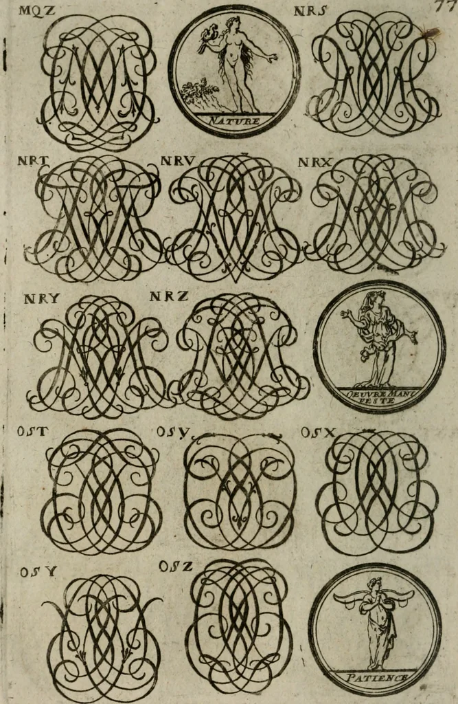 An illustration from Recueil d'emblêmes, devises, medailles, et figures hieroglyphiques, au nombre de plus de douze cent, avec leurs explications : accompagné de plus de deux mille chiffres fleuronnez simples, doubles & triples : d'une manière nouvelle & fort curieuse pour tous les noms imaginables : avec les tenants, supports, & cimiers servans aux ornemens des armes : cet ouvrage qui est enrichy de deux cens cinquante planches en taille-douce, est très-utile aux graveurs, peintres, sculpteurs, orfevres, brodeurs, serruriers, & à tous ceux qui travaillent au dessein, 1724, leaf 235