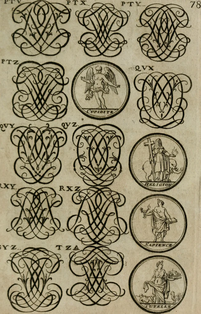 An illustration from Recueil d'emblêmes, devises, medailles, et figures hieroglyphiques, au nombre de plus de douze cent, avec leurs explications : accompagné de plus de deux mille chiffres fleuronnez simples, doubles & triples : d'une manière nouvelle & fort curieuse pour tous les noms imaginables : avec les tenants, supports, & cimiers servans aux ornemens des armes : cet ouvrage qui est enrichy de deux cens cinquante planches en taille-douce, est très-utile aux graveurs, peintres, sculpteurs, orfevres, brodeurs, serruriers, & à tous ceux qui travaillent au dessein, 1724, leaf 236