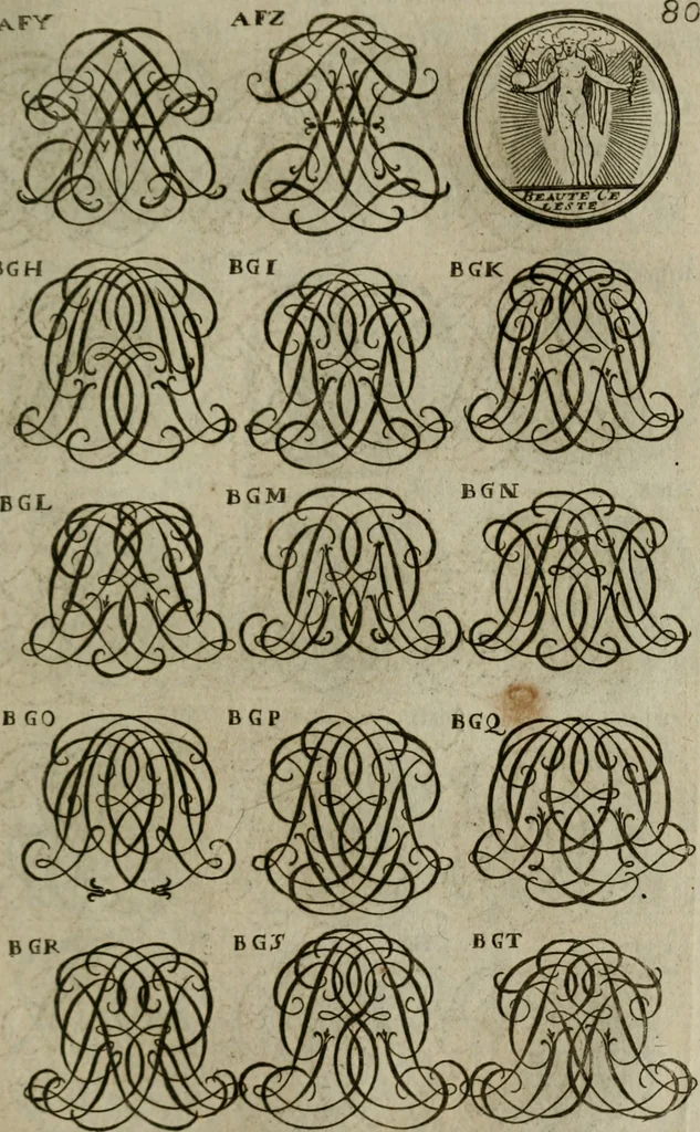 An illustration from Recueil d'emblêmes, devises, medailles, et figures hieroglyphiques, au nombre de plus de douze cent, avec leurs explications : accompagné de plus de deux mille chiffres fleuronnez simples, doubles & triples : d'une manière nouvelle & fort curieuse pour tous les noms imaginables : avec les tenants, supports, & cimiers servans aux ornemens des armes : cet ouvrage qui est enrichy de deux cens cinquante planches en taille-douce, est très-utile aux graveurs, peintres, sculpteurs, orfevres, brodeurs, serruriers, & à tous ceux qui travaillent au dessein, 1724, leaf 238