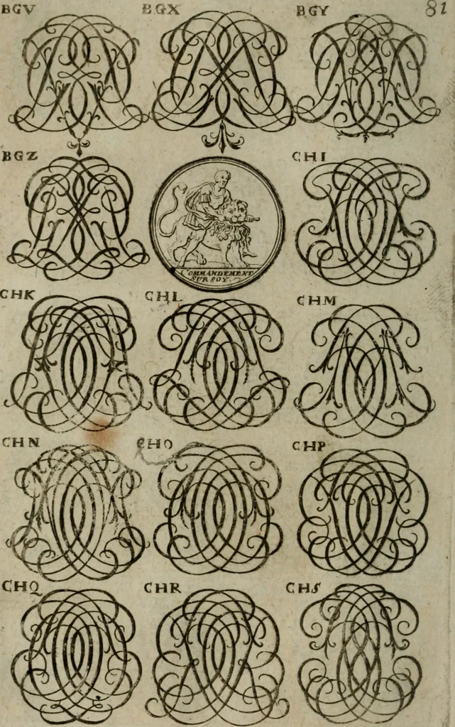 An illustration from Recueil d'emblêmes, devises, medailles, et figures hieroglyphiques, au nombre de plus de douze cent, avec leurs explications : accompagné de plus de deux mille chiffres fleuronnez simples, doubles & triples : d'une manière nouvelle & fort curieuse pour tous les noms imaginables : avec les tenants, supports, & cimiers servans aux ornemens des armes : cet ouvrage qui est enrichy de deux cens cinquante planches en taille-douce, est très-utile aux graveurs, peintres, sculpteurs, orfevres, brodeurs, serruriers, & à tous ceux qui travaillent au dessein, 1724, leaf 239