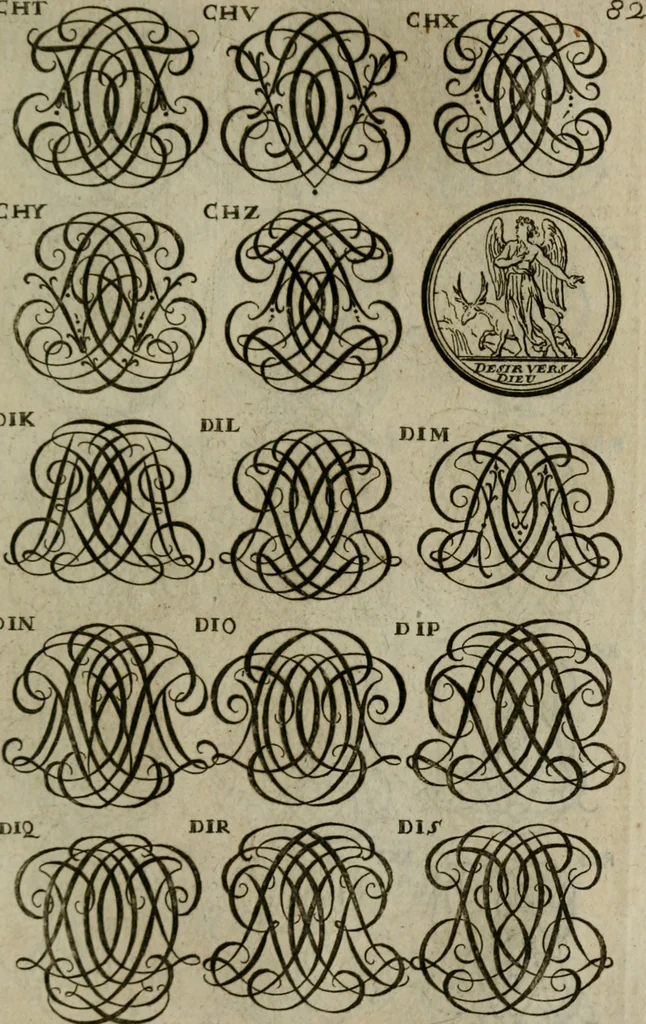 An illustration from Recueil d'emblêmes, devises, medailles, et figures hieroglyphiques, au nombre de plus de douze cent, avec leurs explications : accompagné de plus de deux mille chiffres fleuronnez simples, doubles & triples : d'une manière nouvelle & fort curieuse pour tous les noms imaginables : avec les tenants, supports, & cimiers servans aux ornemens des armes : cet ouvrage qui est enrichy de deux cens cinquante planches en taille-douce, est très-utile aux graveurs, peintres, sculpteurs, orfevres, brodeurs, serruriers, & à tous ceux qui travaillent au dessein, 1724, leaf 240
