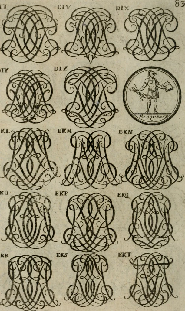 An illustration from Recueil d'emblêmes, devises, medailles, et figures hieroglyphiques, au nombre de plus de douze cent, avec leurs explications : accompagné de plus de deux mille chiffres fleuronnez simples, doubles & triples : d'une manière nouvelle & fort curieuse pour tous les noms imaginables : avec les tenants, supports, & cimiers servans aux ornemens des armes : cet ouvrage qui est enrichy de deux cens cinquante planches en taille-douce, est très-utile aux graveurs, peintres, sculpteurs, orfevres, brodeurs, serruriers, & à tous ceux qui travaillent au dessein, 1724, leaf 241