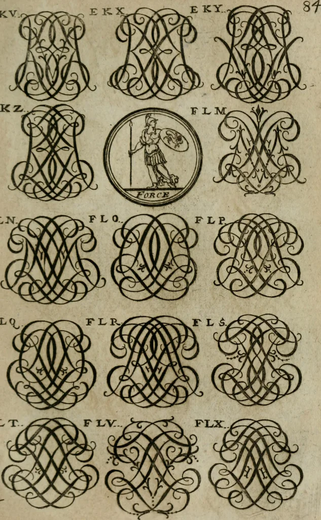 An illustration from Recueil d'emblêmes, devises, medailles, et figures hieroglyphiques, au nombre de plus de douze cent, avec leurs explications : accompagné de plus de deux mille chiffres fleuronnez simples, doubles & triples : d'une manière nouvelle & fort curieuse pour tous les noms imaginables : avec les tenants, supports, & cimiers servans aux ornemens des armes : cet ouvrage qui est enrichy de deux cens cinquante planches en taille-douce, est très-utile aux graveurs, peintres, sculpteurs, orfevres, brodeurs, serruriers, & à tous ceux qui travaillent au dessein, 1724, leaf 242