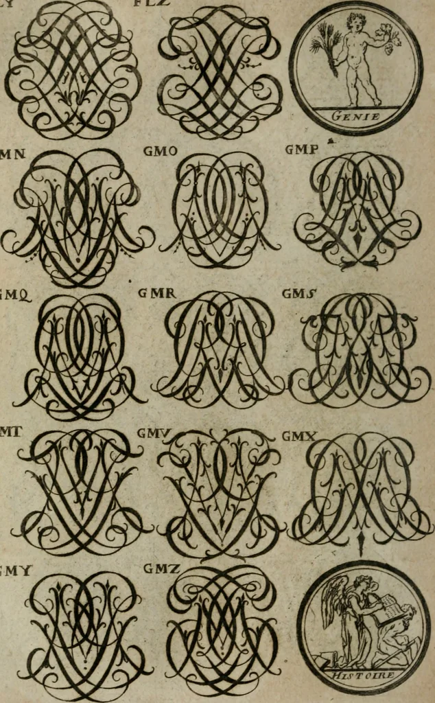 An illustration from Recueil d'emblêmes, devises, medailles, et figures hieroglyphiques, au nombre de plus de douze cent, avec leurs explications : accompagné de plus de deux mille chiffres fleuronnez simples, doubles & triples : d'une manière nouvelle & fort curieuse pour tous les noms imaginables : avec les tenants, supports, & cimiers servans aux ornemens des armes : cet ouvrage qui est enrichy de deux cens cinquante planches en taille-douce, est très-utile aux graveurs, peintres, sculpteurs, orfevres, brodeurs, serruriers, & à tous ceux qui travaillent au dessein, 1724, leaf 243