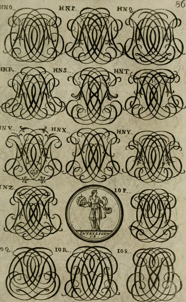 An illustration from Recueil d'emblêmes, devises, medailles, et figures hieroglyphiques, au nombre de plus de douze cent, avec leurs explications : accompagné de plus de deux mille chiffres fleuronnez simples, doubles & triples : d'une manière nouvelle & fort curieuse pour tous les noms imaginables : avec les tenants, supports, & cimiers servans aux ornemens des armes : cet ouvrage qui est enrichy de deux cens cinquante planches en taille-douce, est très-utile aux graveurs, peintres, sculpteurs, orfevres, brodeurs, serruriers, & à tous ceux qui travaillent au dessein, 1724, leaf 244