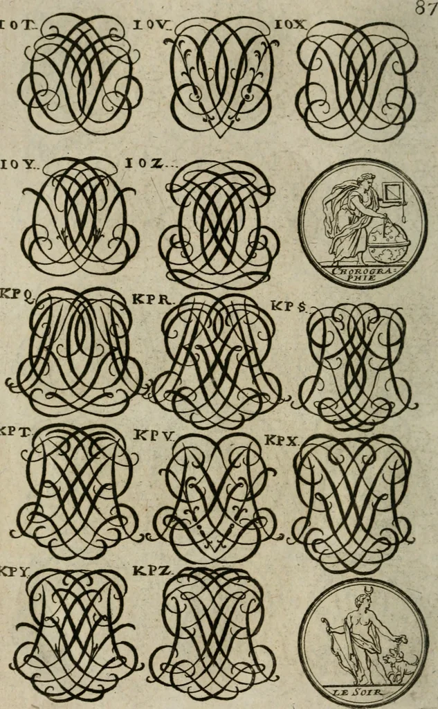 An illustration from Recueil d'emblêmes, devises, medailles, et figures hieroglyphiques, au nombre de plus de douze cent, avec leurs explications : accompagné de plus de deux mille chiffres fleuronnez simples, doubles & triples : d'une manière nouvelle & fort curieuse pour tous les noms imaginables : avec les tenants, supports, & cimiers servans aux ornemens des armes : cet ouvrage qui est enrichy de deux cens cinquante planches en taille-douce, est très-utile aux graveurs, peintres, sculpteurs, orfevres, brodeurs, serruriers, & à tous ceux qui travaillent au dessein, 1724, leaf 245