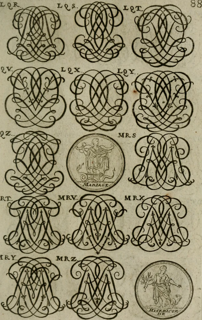 An illustration from Recueil d'emblêmes, devises, medailles, et figures hieroglyphiques, au nombre de plus de douze cent, avec leurs explications : accompagné de plus de deux mille chiffres fleuronnez simples, doubles & triples : d'une manière nouvelle & fort curieuse pour tous les noms imaginables : avec les tenants, supports, & cimiers servans aux ornemens des armes : cet ouvrage qui est enrichy de deux cens cinquante planches en taille-douce, est très-utile aux graveurs, peintres, sculpteurs, orfevres, brodeurs, serruriers, & à tous ceux qui travaillent au dessein, 1724, leaf 246