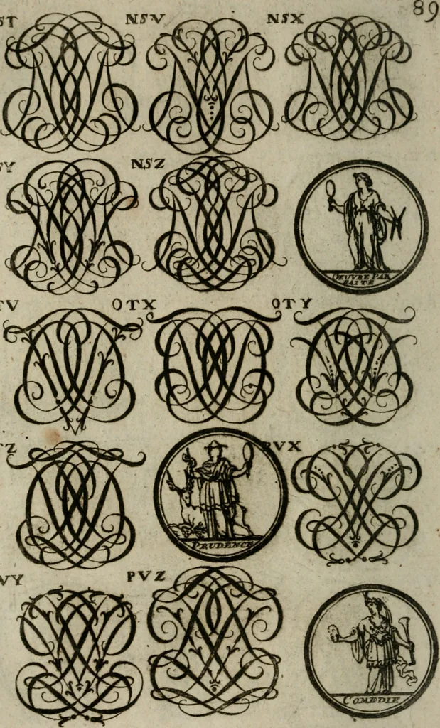 An illustration from Recueil d'emblêmes, devises, medailles, et figures hieroglyphiques, au nombre de plus de douze cent, avec leurs explications : accompagné de plus de deux mille chiffres fleuronnez simples, doubles & triples : d'une manière nouvelle & fort curieuse pour tous les noms imaginables : avec les tenants, supports, & cimiers servans aux ornemens des armes : cet ouvrage qui est enrichy de deux cens cinquante planches en taille-douce, est très-utile aux graveurs, peintres, sculpteurs, orfevres, brodeurs, serruriers, & à tous ceux qui travaillent au dessein, 1724, leaf 247