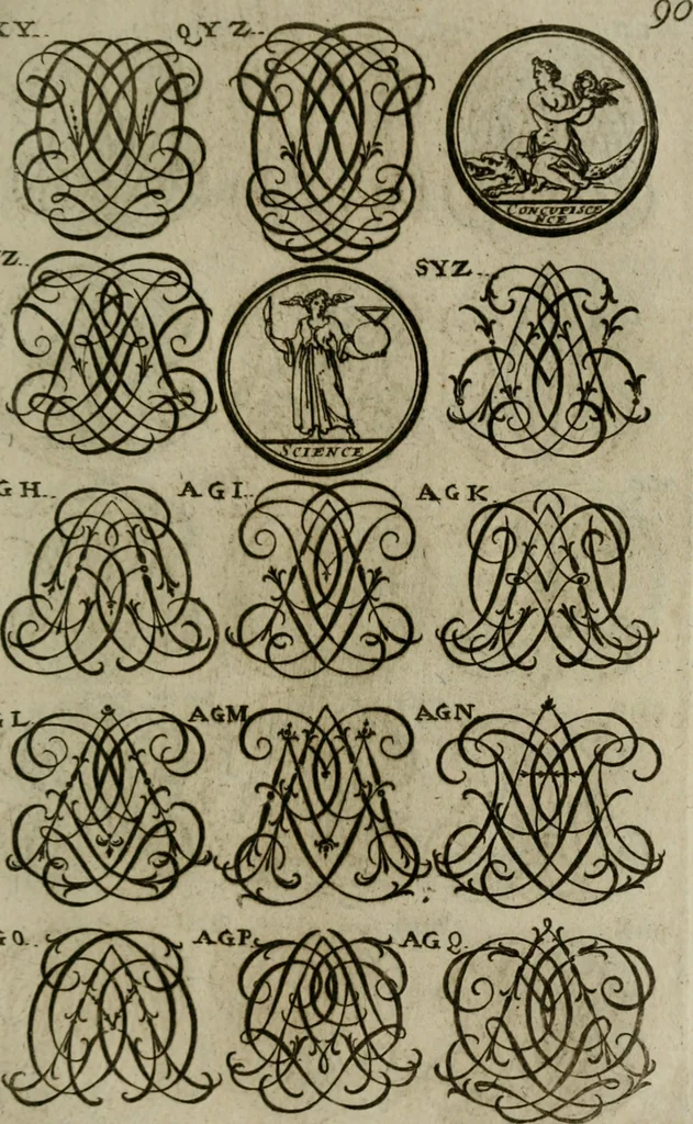 An illustration from Recueil d'emblêmes, devises, medailles, et figures hieroglyphiques, au nombre de plus de douze cent, avec leurs explications : accompagné de plus de deux mille chiffres fleuronnez simples, doubles & triples : d'une manière nouvelle & fort curieuse pour tous les noms imaginables : avec les tenants, supports, & cimiers servans aux ornemens des armes : cet ouvrage qui est enrichy de deux cens cinquante planches en taille-douce, est très-utile aux graveurs, peintres, sculpteurs, orfevres, brodeurs, serruriers, & à tous ceux qui travaillent au dessein, 1724, leaf 248