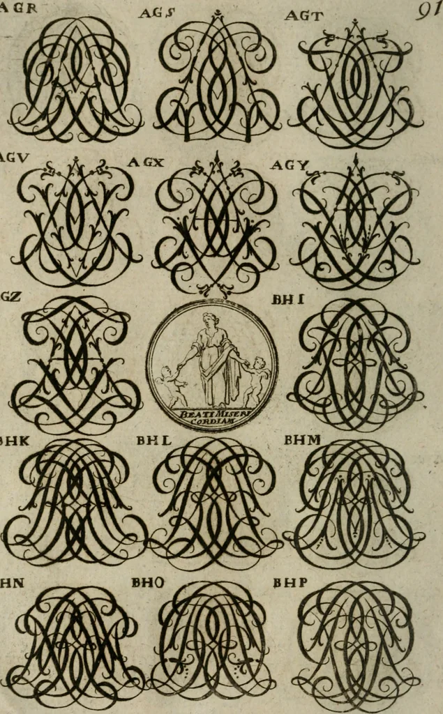 An illustration from Recueil d'emblêmes, devises, medailles, et figures hieroglyphiques, au nombre de plus de douze cent, avec leurs explications : accompagné de plus de deux mille chiffres fleuronnez simples, doubles & triples : d'une manière nouvelle & fort curieuse pour tous les noms imaginables : avec les tenants, supports, & cimiers servans aux ornemens des armes : cet ouvrage qui est enrichy de deux cens cinquante planches en taille-douce, est très-utile aux graveurs, peintres, sculpteurs, orfevres, brodeurs, serruriers, & à tous ceux qui travaillent au dessein, 1724, leaf 249