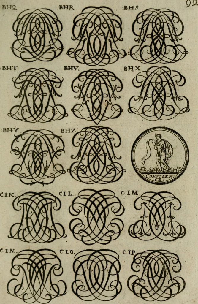 An illustration from Recueil d'emblêmes, devises, medailles, et figures hieroglyphiques, au nombre de plus de douze cent, avec leurs explications : accompagné de plus de deux mille chiffres fleuronnez simples, doubles & triples : d'une manière nouvelle & fort curieuse pour tous les noms imaginables : avec les tenants, supports, & cimiers servans aux ornemens des armes : cet ouvrage qui est enrichy de deux cens cinquante planches en taille-douce, est très-utile aux graveurs, peintres, sculpteurs, orfevres, brodeurs, serruriers, & à tous ceux qui travaillent au dessein, 1724, leaf 250