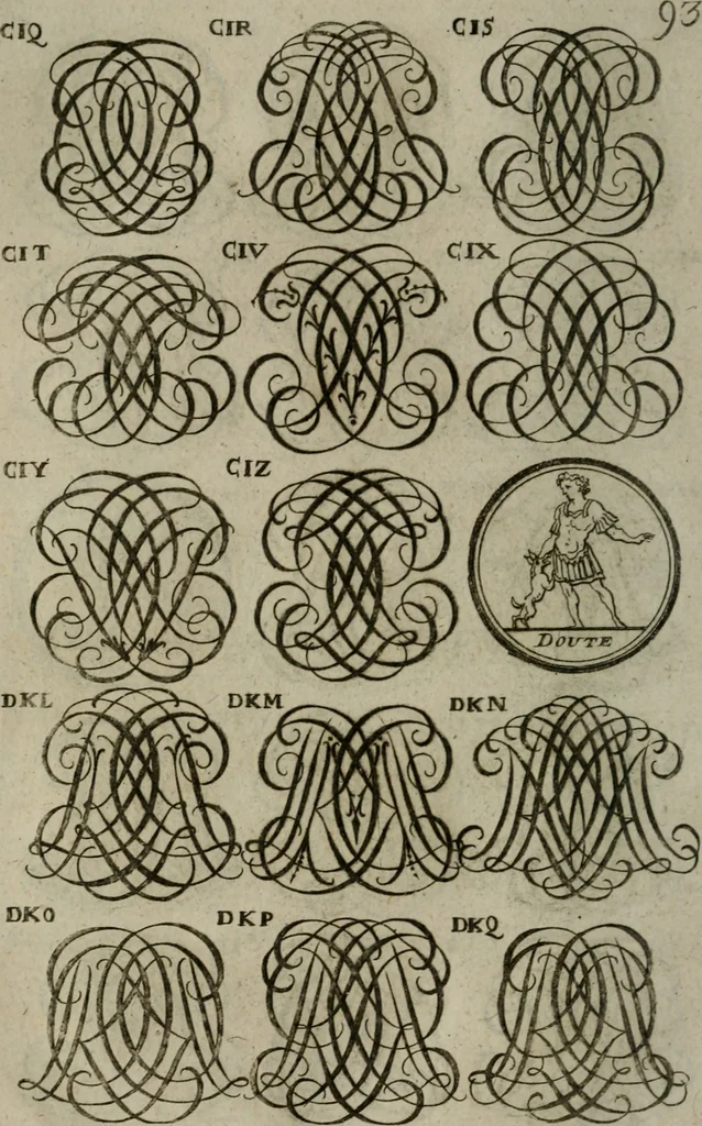 An illustration from Recueil d'emblêmes, devises, medailles, et figures hieroglyphiques, au nombre de plus de douze cent, avec leurs explications : accompagné de plus de deux mille chiffres fleuronnez simples, doubles & triples : d'une manière nouvelle & fort curieuse pour tous les noms imaginables : avec les tenants, supports, & cimiers servans aux ornemens des armes : cet ouvrage qui est enrichy de deux cens cinquante planches en taille-douce, est très-utile aux graveurs, peintres, sculpteurs, orfevres, brodeurs, serruriers, & à tous ceux qui travaillent au dessein, 1724, leaf 251