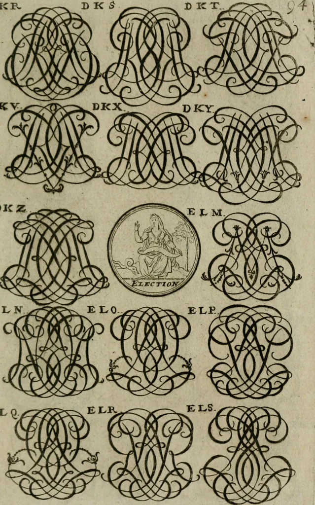 An illustration from Recueil d'emblêmes, devises, medailles, et figures hieroglyphiques, au nombre de plus de douze cent, avec leurs explications : accompagné de plus de deux mille chiffres fleuronnez simples, doubles & triples : d'une manière nouvelle & fort curieuse pour tous les noms imaginables : avec les tenants, supports, & cimiers servans aux ornemens des armes : cet ouvrage qui est enrichy de deux cens cinquante planches en taille-douce, est très-utile aux graveurs, peintres, sculpteurs, orfevres, brodeurs, serruriers, & à tous ceux qui travaillent au dessein, 1724, leaf 252