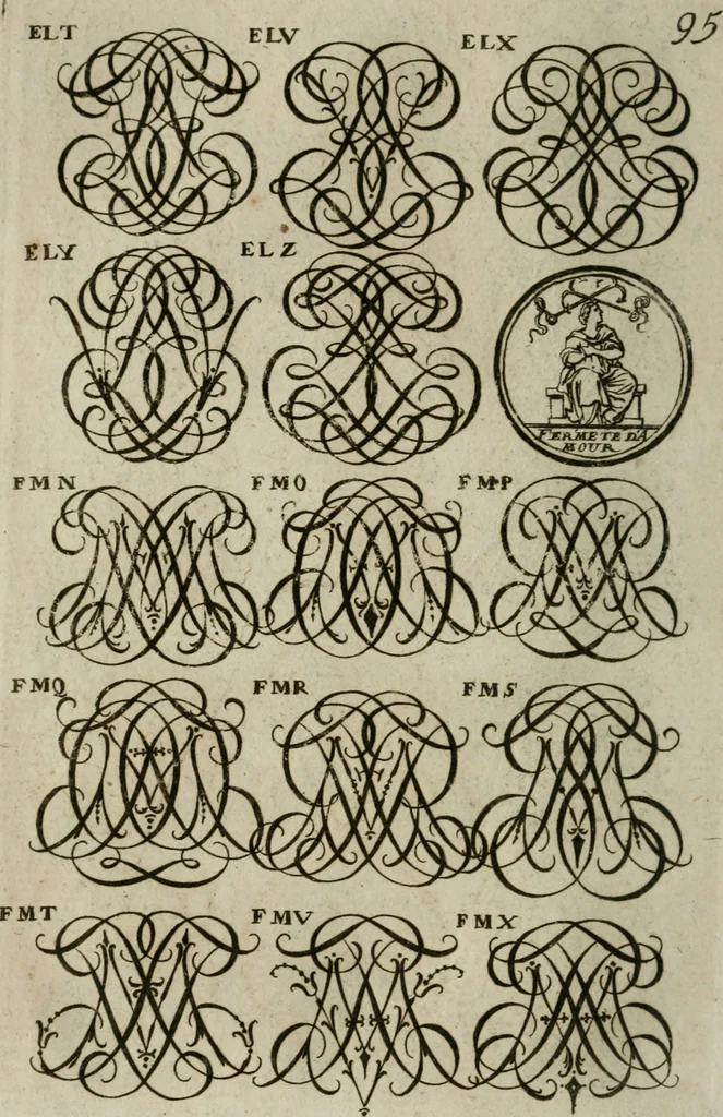 An illustration from Recueil d'emblêmes, devises, medailles, et figures hieroglyphiques, au nombre de plus de douze cent, avec leurs explications : accompagné de plus de deux mille chiffres fleuronnez simples, doubles & triples : d'une manière nouvelle & fort curieuse pour tous les noms imaginables : avec les tenants, supports, & cimiers servans aux ornemens des armes : cet ouvrage qui est enrichy de deux cens cinquante planches en taille-douce, est très-utile aux graveurs, peintres, sculpteurs, orfevres, brodeurs, serruriers, & à tous ceux qui travaillent au dessein, 1724, leaf 253