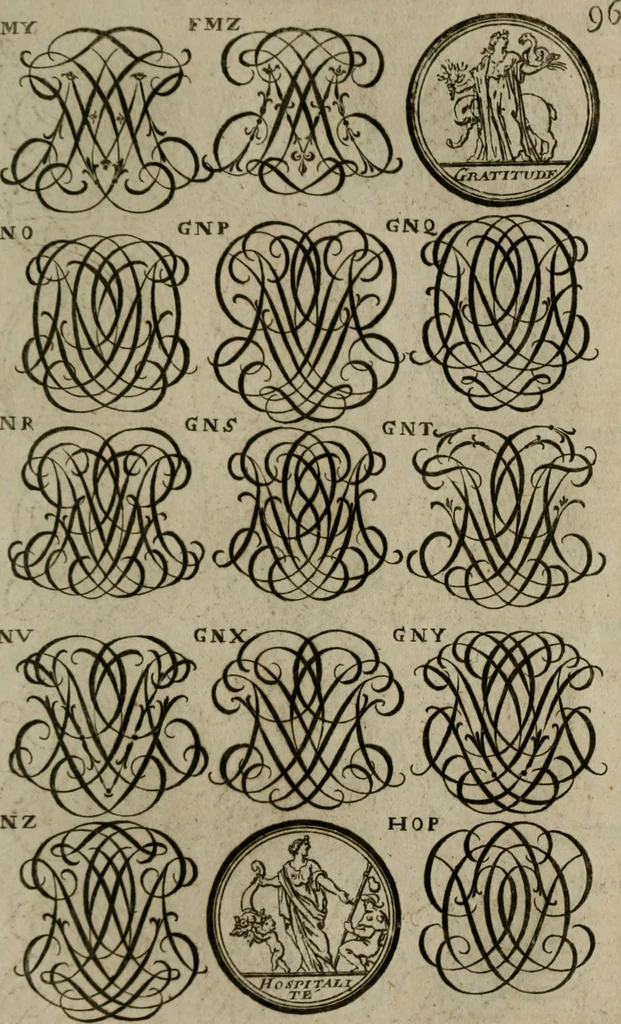 An illustration from Recueil d'emblêmes, devises, medailles, et figures hieroglyphiques, au nombre de plus de douze cent, avec leurs explications : accompagné de plus de deux mille chiffres fleuronnez simples, doubles & triples : d'une manière nouvelle & fort curieuse pour tous les noms imaginables : avec les tenants, supports, & cimiers servans aux ornemens des armes : cet ouvrage qui est enrichy de deux cens cinquante planches en taille-douce, est très-utile aux graveurs, peintres, sculpteurs, orfevres, brodeurs, serruriers, & à tous ceux qui travaillent au dessein, 1724, leaf 254