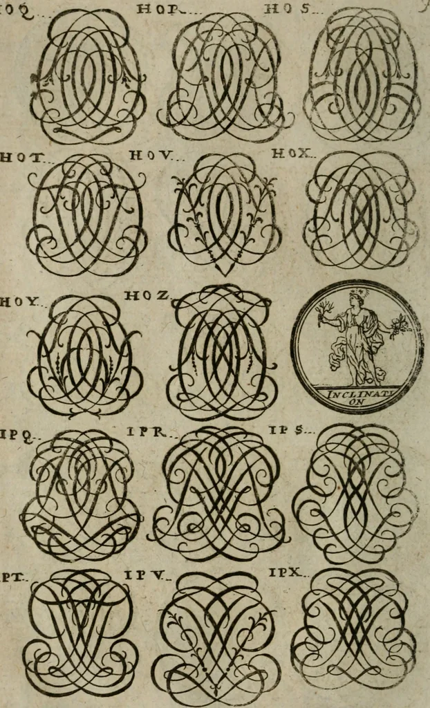 An illustration from Recueil d'emblêmes, devises, medailles, et figures hieroglyphiques, au nombre de plus de douze cent, avec leurs explications : accompagné de plus de deux mille chiffres fleuronnez simples, doubles & triples : d'une manière nouvelle & fort curieuse pour tous les noms imaginables : avec les tenants, supports, & cimiers servans aux ornemens des armes : cet ouvrage qui est enrichy de deux cens cinquante planches en taille-douce, est très-utile aux graveurs, peintres, sculpteurs, orfevres, brodeurs, serruriers, & à tous ceux qui travaillent au dessein, 1724, leaf 255