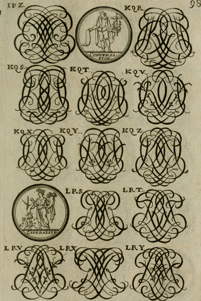 An illustration from Recueil d'emblêmes, devises, medailles, et figures hieroglyphiques, au nombre de plus de douze cent, avec leurs explications : accompagné de plus de deux mille chiffres fleuronnez simples, doubles & triples : d'une manière nouvelle & fort curieuse pour tous les noms imaginables : avec les tenants, supports, & cimiers servans aux ornemens des armes : cet ouvrage qui est enrichy de deux cens cinquante planches en taille-douce, est très-utile aux graveurs, peintres, sculpteurs, orfevres, brodeurs, serruriers, & à tous ceux qui travaillent au dessein, 1724, leaf 256