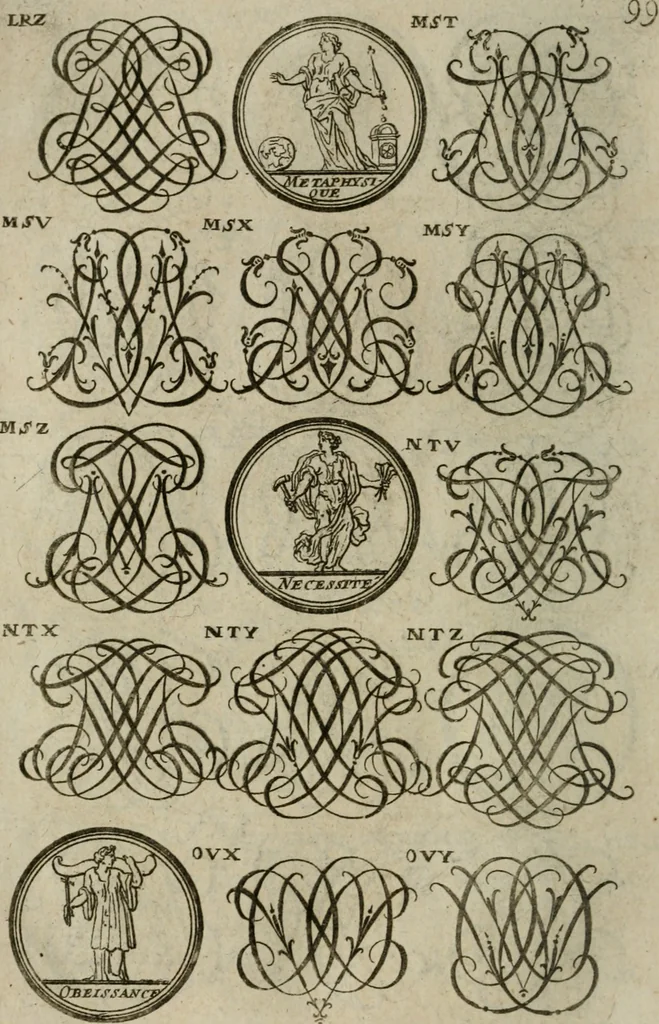An illustration from Recueil d'emblêmes, devises, medailles, et figures hieroglyphiques, au nombre de plus de douze cent, avec leurs explications : accompagné de plus de deux mille chiffres fleuronnez simples, doubles & triples : d'une manière nouvelle & fort curieuse pour tous les noms imaginables : avec les tenants, supports, & cimiers servans aux ornemens des armes : cet ouvrage qui est enrichy de deux cens cinquante planches en taille-douce, est très-utile aux graveurs, peintres, sculpteurs, orfevres, brodeurs, serruriers, & à tous ceux qui travaillent au dessein, 1724, leaf 257