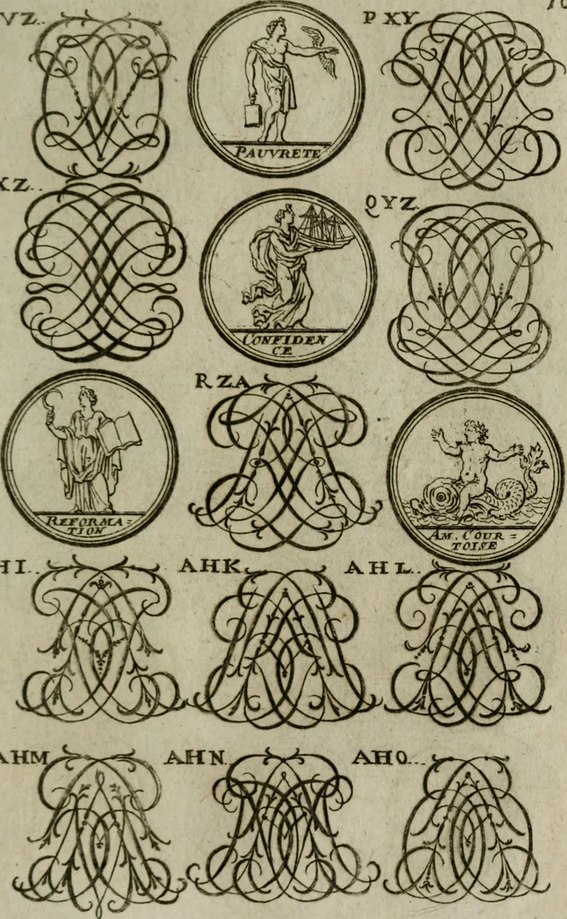 An illustration from Recueil d'emblêmes, devises, medailles, et figures hieroglyphiques, au nombre de plus de douze cent, avec leurs explications : accompagné de plus de deux mille chiffres fleuronnez simples, doubles & triples : d'une manière nouvelle & fort curieuse pour tous les noms imaginables : avec les tenants, supports, & cimiers servans aux ornemens des armes : cet ouvrage qui est enrichy de deux cens cinquante planches en taille-douce, est très-utile aux graveurs, peintres, sculpteurs, orfevres, brodeurs, serruriers, & à tous ceux qui travaillent au dessein, 1724, leaf 258