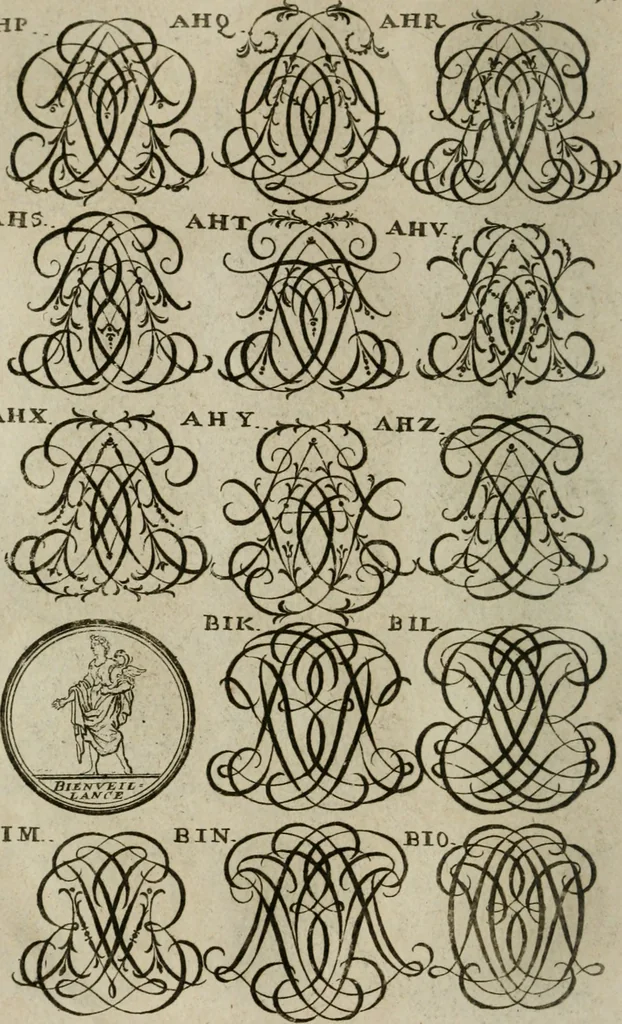 An illustration from Recueil d'emblêmes, devises, medailles, et figures hieroglyphiques, au nombre de plus de douze cent, avec leurs explications : accompagné de plus de deux mille chiffres fleuronnez simples, doubles & triples : d'une manière nouvelle & fort curieuse pour tous les noms imaginables : avec les tenants, supports, & cimiers servans aux ornemens des armes : cet ouvrage qui est enrichy de deux cens cinquante planches en taille-douce, est très-utile aux graveurs, peintres, sculpteurs, orfevres, brodeurs, serruriers, & à tous ceux qui travaillent au dessein, 1724, leaf 259