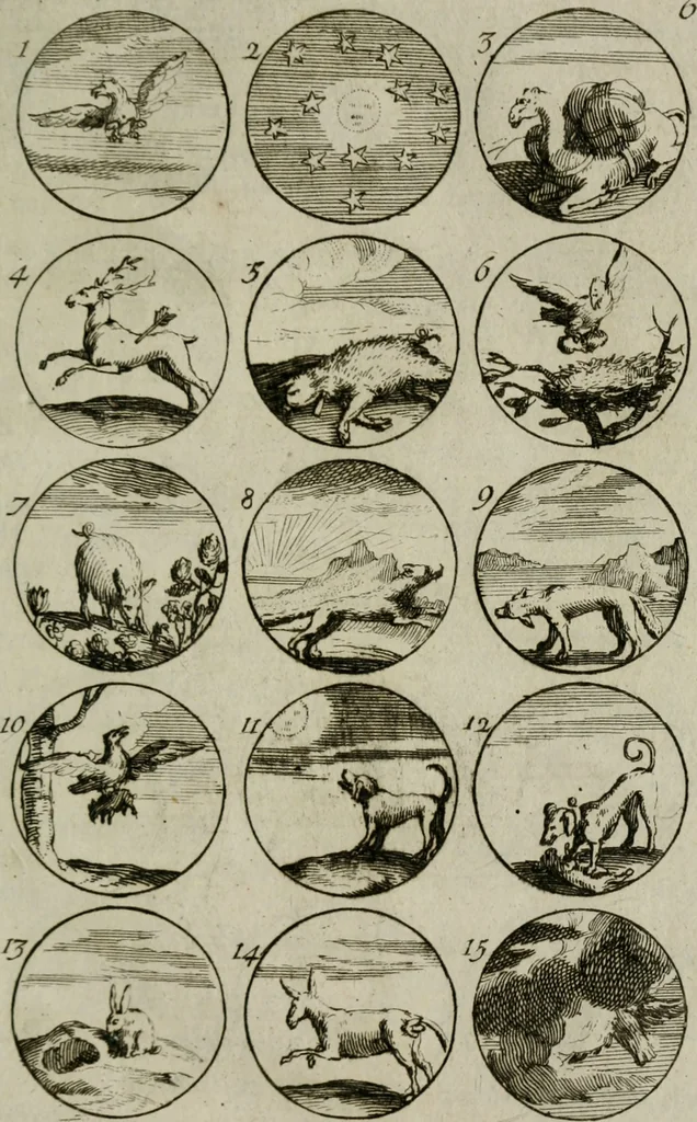 An illustration from Recueil d'emblêmes, devises, medailles, et figures hieroglyphiques, au nombre de plus de douze cent, avec leurs explications : accompagné de plus de deux mille chiffres fleuronnez simples, doubles & triples : d'une manière nouvelle & fort curieuse pour tous les noms imaginables : avec les tenants, supports, & cimiers servans aux ornemens des armes : cet ouvrage qui est enrichy de deux cens cinquante planches en taille-douce, est très-utile aux graveurs, peintres, sculpteurs, orfevres, brodeurs, serruriers, & à tous ceux qui travaillent au dessein, 1724, leaf 26