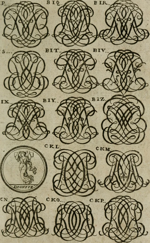 An illustration from Recueil d'emblêmes, devises, medailles, et figures hieroglyphiques, au nombre de plus de douze cent, avec leurs explications : accompagné de plus de deux mille chiffres fleuronnez simples, doubles & triples : d'une manière nouvelle & fort curieuse pour tous les noms imaginables : avec les tenants, supports, & cimiers servans aux ornemens des armes : cet ouvrage qui est enrichy de deux cens cinquante planches en taille-douce, est très-utile aux graveurs, peintres, sculpteurs, orfevres, brodeurs, serruriers, & à tous ceux qui travaillent au dessein, 1724, leaf 260