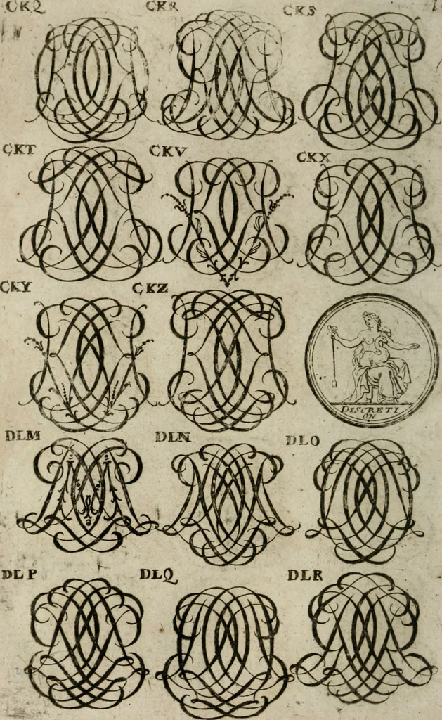 An illustration from Recueil d'emblêmes, devises, medailles, et figures hieroglyphiques, au nombre de plus de douze cent, avec leurs explications : accompagné de plus de deux mille chiffres fleuronnez simples, doubles & triples : d'une manière nouvelle & fort curieuse pour tous les noms imaginables : avec les tenants, supports, & cimiers servans aux ornemens des armes : cet ouvrage qui est enrichy de deux cens cinquante planches en taille-douce, est très-utile aux graveurs, peintres, sculpteurs, orfevres, brodeurs, serruriers, & à tous ceux qui travaillent au dessein, 1724, leaf 261