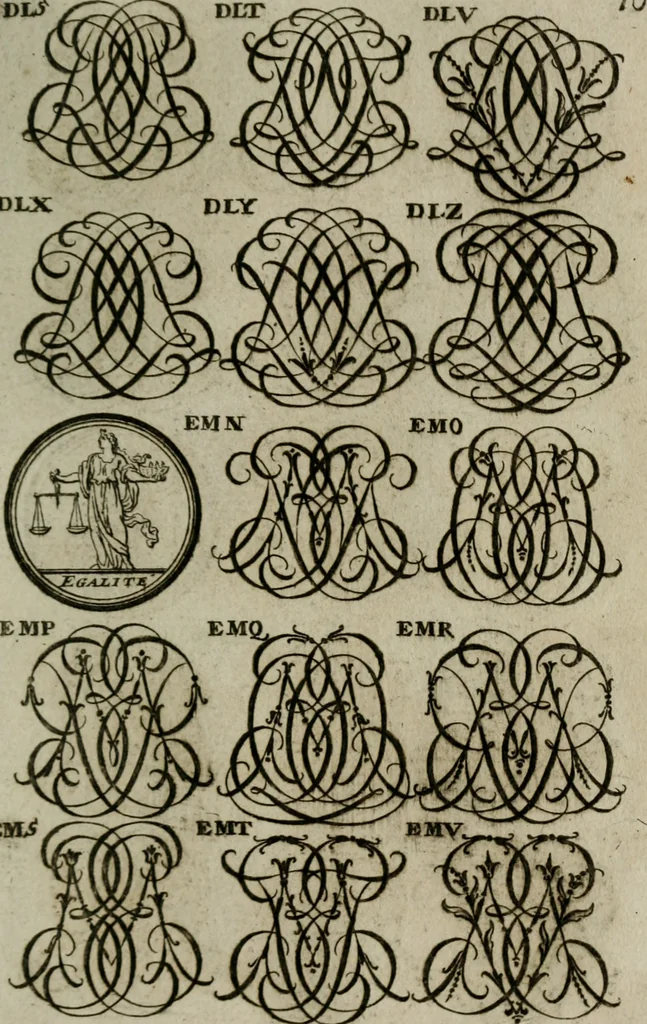 An illustration from Recueil d'emblêmes, devises, medailles, et figures hieroglyphiques, au nombre de plus de douze cent, avec leurs explications : accompagné de plus de deux mille chiffres fleuronnez simples, doubles & triples : d'une manière nouvelle & fort curieuse pour tous les noms imaginables : avec les tenants, supports, & cimiers servans aux ornemens des armes : cet ouvrage qui est enrichy de deux cens cinquante planches en taille-douce, est très-utile aux graveurs, peintres, sculpteurs, orfevres, brodeurs, serruriers, & à tous ceux qui travaillent au dessein, 1724, leaf 262