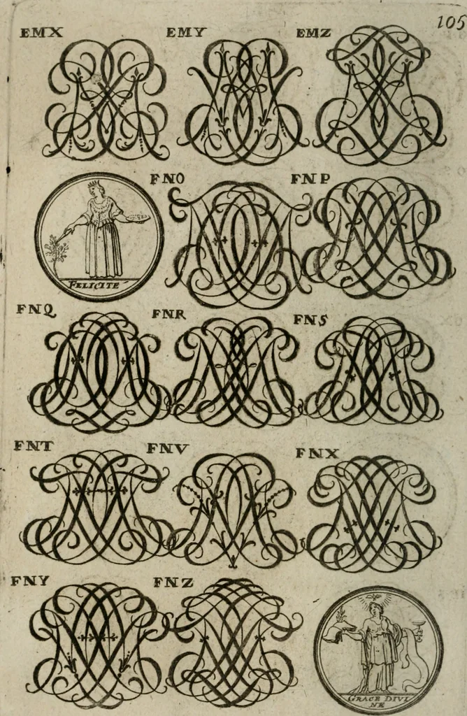 An illustration from Recueil d'emblêmes, devises, medailles, et figures hieroglyphiques, au nombre de plus de douze cent, avec leurs explications : accompagné de plus de deux mille chiffres fleuronnez simples, doubles & triples : d'une manière nouvelle & fort curieuse pour tous les noms imaginables : avec les tenants, supports, & cimiers servans aux ornemens des armes : cet ouvrage qui est enrichy de deux cens cinquante planches en taille-douce, est très-utile aux graveurs, peintres, sculpteurs, orfevres, brodeurs, serruriers, & à tous ceux qui travaillent au dessein, 1724, leaf 263